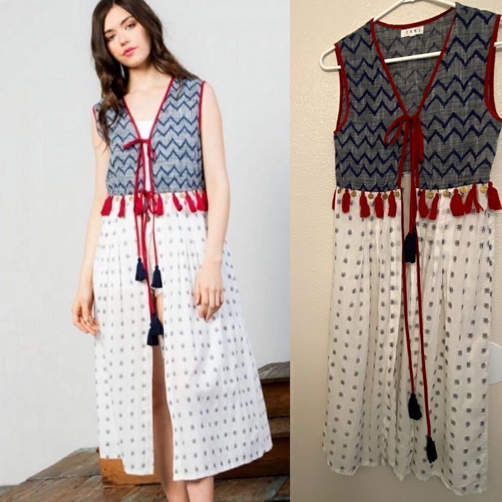 THML Boho Sleeveless Printed Tassel medallion Kaftan Duster Festival Coachella S